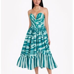 SIKA Nia Strapless Midi Dress Womens 4 Teal Green Harper Print Batik Ruffle Hem
